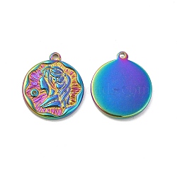 Ion Plating(IP) 304 Stainless Steel Pendants, Flat Round with Girl Charm, Rainbow Color, 18x16x2mm, Hole: 1.4mm(STAS-B032-10MC)