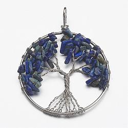 Natural Lapis Lazuli Bead Brass Wire Wrapped Big Pendants, Tree of Life, Cadmium Free & Nickel Free & Lead Free, 50~64x48~52x5~8mm, Hole: 3~6mm(KK-L136-01H-NR)
