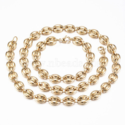 Vacuum Plating 201 Stainless Steel Jewelry Sets, Coffee Bean Chain Necklaces and Bracelets, with Lobster Claw Clasps, Oval, Golden, 23.6 inch(60cm)(SJEW-F157-05G)