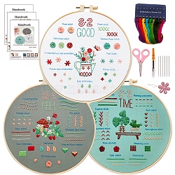 DIY Embroidery Kits for Beginner, Including Embroidery Cloth & Thread, Needle, Embroidery Hoop, Seam Ripper & Threader, Scissors, Instruction Sheet, Mixed Shapes, 230x230x20mm, 3pcs/set(PW-WGDE5C0-04)