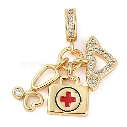 Rack Plating Brass Clear Cubic Zirconia European Dangle Charms, Enamel Stethoscope & First-aid Case Large Hole Pendants, Real 18K Gold Plated, Long-Lasting Plated, Cadmium Free & Lead Free, Red, 27mm, Hole: 4.5mm(KK-P287-14G)