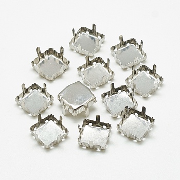 201 Stainless Steel Sew on Prong Settings, Claw Settings for Pointed Back Rhinestone, Square, Stainless Steel Color, Tray: 7x7mm, 8x8x6.5mm, Hole: 1mm