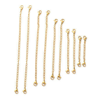 10Pcs 5 Size Ion Plating(IP) 304 Stainless Steel Chain Extender, End Chains with Lobster Claw Clasp, Real 18K Gold Plated, 55~152mm, 2Pcs/size