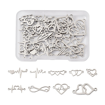 36Pcs 9 Styles 201 Stainless Steel Connector Charms, Mixed Heart Shapes, Stainless Steel Color, 7.5~19x9.5~28.5x1mm, Hole: 1.2~1.4mm, 4pcs/style