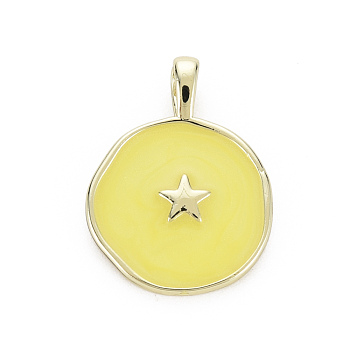 Brass Enamel Pendants, Cadmium Free & Nickel Free & Lead Free, Real 16K Gold Plated, Flat Round with Star, Yellow, 20.5x15.5x4.5mm, Hole: 2.5x3mm