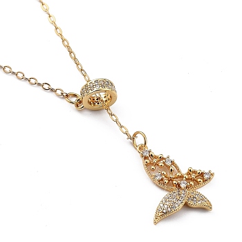 Brass Micro Pave Clear Cubic Zirconia Lariat Necklaces, with Spring Ring Clasps, Butterfly, Golden, 18.31 inch(16.5cm)