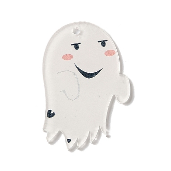 Halloween Printing Acrylic Pendants, Ghost Charms, White, 41x29x2mm, Hole: 1.8mm