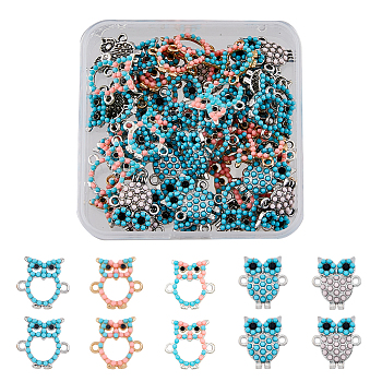 SUPERFINDINGS 50Pcs 5 Styles Alloy Connector Charms, Owl Links, with Rhinestones and Synthetic Turquoise, Mixed Color, 18x16.5~17.5x3mm, Hole: 1.5~1.8mm, 10pcs/style