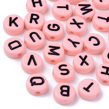 Opaque Acrylic Beads, Horizontal Hole, Flat Round with Black Random Letters, Pink, 10x4.5mm, Hole: 2mm, about 1600pcs/500g