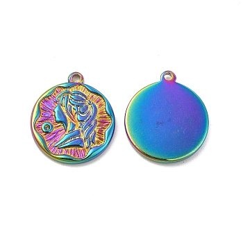 Ion Plating(IP) 304 Stainless Steel Pendants, Flat Round with Girl Charm, Rainbow Color, 18x16x2mm, Hole: 1.4mm