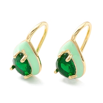 Teardrop Cubic Zirconia Dangle Earrings with Enamel for Women, Real 18K Gold Plated Brass Earrings, Cadmium Free & Nickel Free & Lead Free, Lime Green, 15.5x9mm, Pin: 1mm