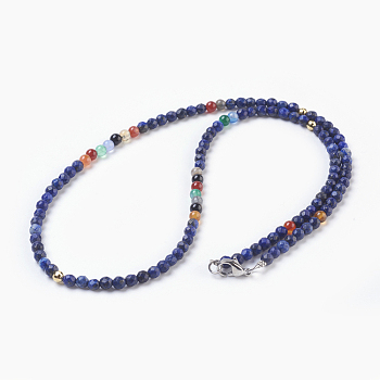 Natural Lapis Lazuli and Agate Beaded Necklaces, with 304 Stainless Steel Lobster Claw Clasps, Chakra, Stainless Steel Color & Golden, 17.71 inch(45cm)