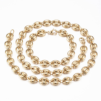 Vacuum Plating 201 Stainless Steel Jewelry Sets, Coffee Bean Chain Necklaces and Bracelets, with Lobster Claw Clasps, Oval, Golden, 23.6 inch(60cm)