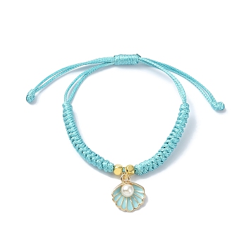 Shell Shape Alloy Enamel Pendant Bracelets with ABS Plastic Imitation Pearl, Adjustable Waxed Polyester Braided Cord Bracelets, for Women, Turquoise, 0.12cm, Inner Diameter: 1-1/8~3-3/8 inch(2.9~8.5cm)