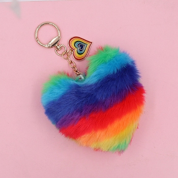 Imitation Rabbit Fur Keychain, with Zinc Alloy Clasp, Heart, Colorful, Pendant: 11cm