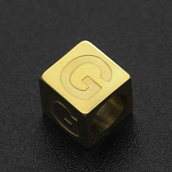 201 Stainless Steel European Beads, Large Hole Beads, Horizontal Hole, Cube, Golden, Letter.G, 7x7x7mm, Hole: 5mm