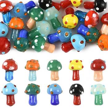 24Pcs 10 Colors Handmade Lampwork Beads Strands, Mushroom, Mixed Color, 15~16.5x11.5~13mm, Hole: 2mm