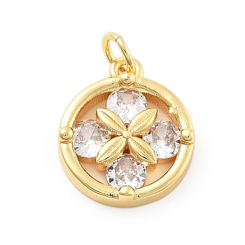 Real 18K Gold Plated Brass Glass Pendants, Flower Charms with Jump Ring, Clear, 16x13.5x3.5mm, Hole: 3mm