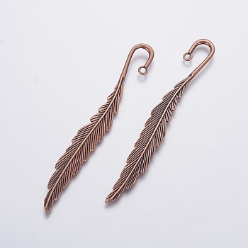 Alloy Bookmarks Findings, Feather, Red Copper, 114.5x13.5x3.5mm, Hole: 2.5mm