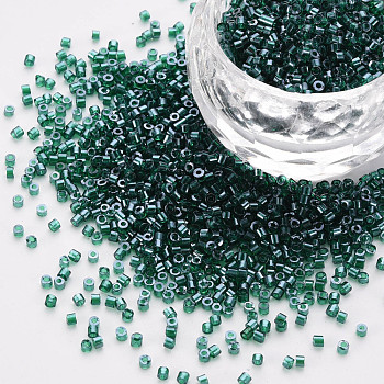 Glass Cylinder Beads, Seed Beads, Transparent Colours Luster, Round Hole, Dark Green, 1.5~2x1~2mm, Hole: 0.8mm, about 8000pcs/bag, about 1pound/bag