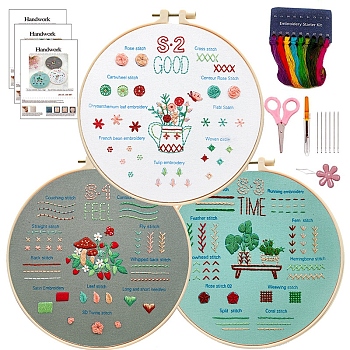 DIY Embroidery Kits for Beginner, Including Embroidery Cloth & Thread, Needle, Embroidery Hoop, Seam Ripper & Threader, Scissors, Instruction Sheet, Mixed Shapes, 230x230x20mm, 3pcs/set