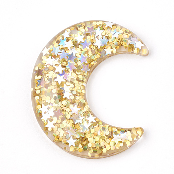 Transparent Resin Cabochons, with Paillette, Moon, Yellow, 38x31x6.5mm