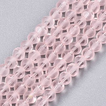 Transparent Glass Beads Strands, Faceted(6 Facets), Frosted Round, Pink, 4.5x4mm, Hole: 1mm, about 88~100pcs/strand, 14.57 inch~15.75 inch(37~40cm)