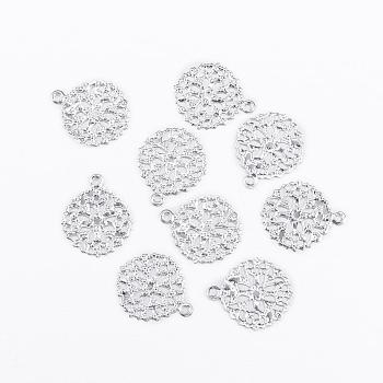 Flat Round Brass Flower Filigree Findings Charms Pendants, Silver Color Plated, 15x13x0.5mm, Hole: 1mm