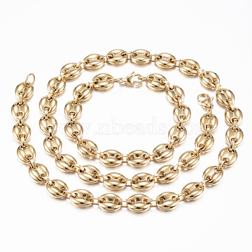 Vacuum Plating 201 Stainless Steel Jewelry Sets, Coffee Bean Chain Necklaces and Bracelets, with Lobster Claw Clasps, Oval, Golden, 23.6 inch(60cm)(SJEW-F157-05G)