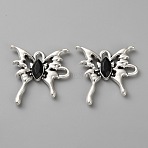 Alloy Rhinestone Pendants, Butterfly Charms, Antique Silver, Black, 29x29x4mm, Hole: 3.5x3mm(FIND-CJC0016-57B)