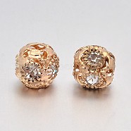 Brass Round Beads, with Crystal Glass Rhinestones, Rose Gold, 8mm, Hole: 3mm(KK-M093-RG)