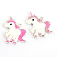 Zinc Alloy Enamel Pendants, Unicorn, Silver Color Plated, Lead Free, Hot Pink, 24.5x25.5x1.5mm, Hole: 1.5mm(X-TIBE-Q056-23-LF)