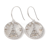 925 Sterling Silver Flat Round with Eiffel Tower Dangle Earrings, with Freshwater Shell & Clear Cubic Zirconia, Real Platinum Plated, 34x18mm(EJEW-C115-12P)