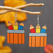 Back-to-School Paintbrush Wood Dangle Earrings Accessories, Platinum, Orange(JD6272-1)