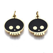 316 Surgical Stainless Steel Enamel Charms, with Jump Rings, Skull, Black, Real 14K Gold Plated, 11x10x1mm, Jump Ring: 3.4x0.5mm, 2.4mm inner diameter(STAS-S116-333G)