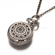Alloy Flat Round with Spider Web Pendant Necklace Pocket Watch, with Iron Chains and Lobster Claw Clasps, Quartz Watch, Platinum, 30.7 inch, Watch Head: 36x27x13mm(WACH-N013-03)