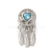 Rack Plating Alloy Rhinestone European Beads, Cadmium Free & Nickel Free & Lead Free, Large Hole Beads, Woven Net/Web with Feather, Aquamarine, 24x11x10mm, Hole: 5mm(PALLOY-S189-39P-01)