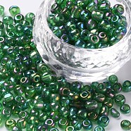 Round Glass Seed Beads, Transparent Colours Rainbow, Round, Dark Green, 4mm(SEED-A007-4mm-167)