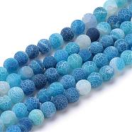 Natural & Dyed Crackle Agate Bead Strands, Frosted Style, Round, Blue, 8mm, Hole: 1mm, about 48pcs/strand, 14 inch(G-T056-8mm-07)