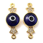 Brass Micro Pave Clear Cubic Zirconia Connector Charms, with Lampwork, Evil Eye with Star, Real 18K Gold Plated, Marine Blue, 28~29x11~11.5x4.5~5mm, Hole: 1.5mm(KK-K338-04G-02)