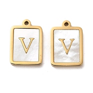 304 Stainless Steel Pendants, with Shell, Rectangle Charms with Letter, Real 14K Gold Plated, Letter V, 18x12x2mm, Hole: 1.4mm(STAS-L022-065G-02)