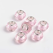 Glass European Beads, Large Hole Beads, Pink, Brass Core in Silver Color, about 14mm wide, 9mm long, hole: 5mm(GDA002-65)