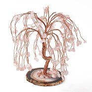 Natural Rose Quartz Tree Display Decoration, Agate Slice Base Feng Shui Ornament for Wealth, Luck, Rose Gold Brass Wires Wrapped, 64~95x75~125x140~170mm(DJEW-G027-20RG-06)