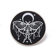 Moon With Moth Enamel Pin, Platinum Brass Flat Round Brooch for Backpack Clothes, Black, 30.5x2mm, Pin: 1.2mm.(JEWB-D012-13)