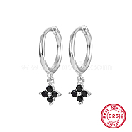 Rhodium Plated Platinum 925 Sterling Silver Flower Dangle Hoop Earrings, Black, 19x8.5mm(IN9619-05)