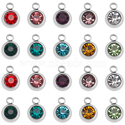 60Pcs 10 Colors 303 Stainless Steel Rhinestone Charms, Birthstone Necklace Charms, Flat Round, Stainless Steel Color, Mixed Color, 8.5x6x3mm, Hole: 1.5mm, 6pcs/color(STAS-DC0007-68)