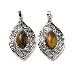 Natural Tiger Eye Pendants, Rack Plating Brass Hollow Horse Eye Charms, Cadmium Free & Lead Free, Platinum, 48x28.5x8.5mm, Hole: 7.5x5mm(G-Q158-02D)