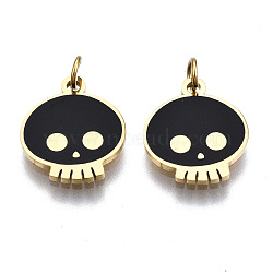 316 Surgical Stainless Steel Enamel Charms, with Jump Rings, Skull, Black, Real 14K Gold Plated, 11x10x1mm, Jump Ring: 3.4x0.5mm, 2.4mm inner diameter(STAS-S116-333G)
