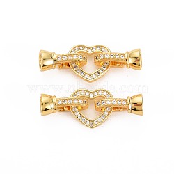 Brass Micro Pave Clear Cubic Zirconia Peg Bails Fold Over Clasps, Nickel Free, Heart, Real 18K Gold Plated, 12.5x34.5mm, Heart: 12.5x14x1.5mm, Clasp about: 15x7.5x7mm, Inner Diameter: 4.5mm(KK-S360-181)