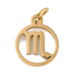 Ion Plating(IP) 304 Stainless Steel Charms, with Jump Ring, Laser Cut, Real 18K Gold Plated, Ring with Constellation Charm, Scorpio, 13.5x11x1mm, Hole: 3mm(STAS-R135-05G-01)